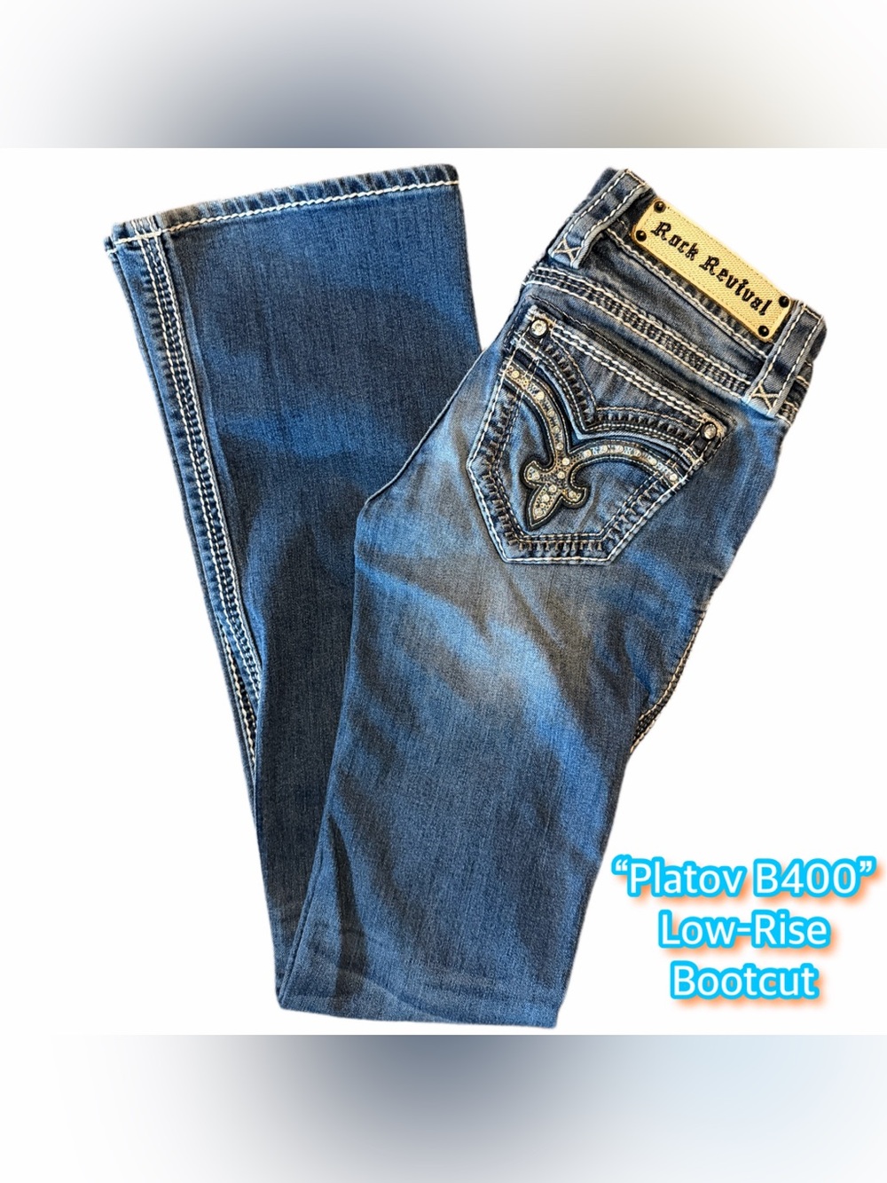 Rock Revival Platov Medium Blue Embellished Bootcut Jeans Size 24